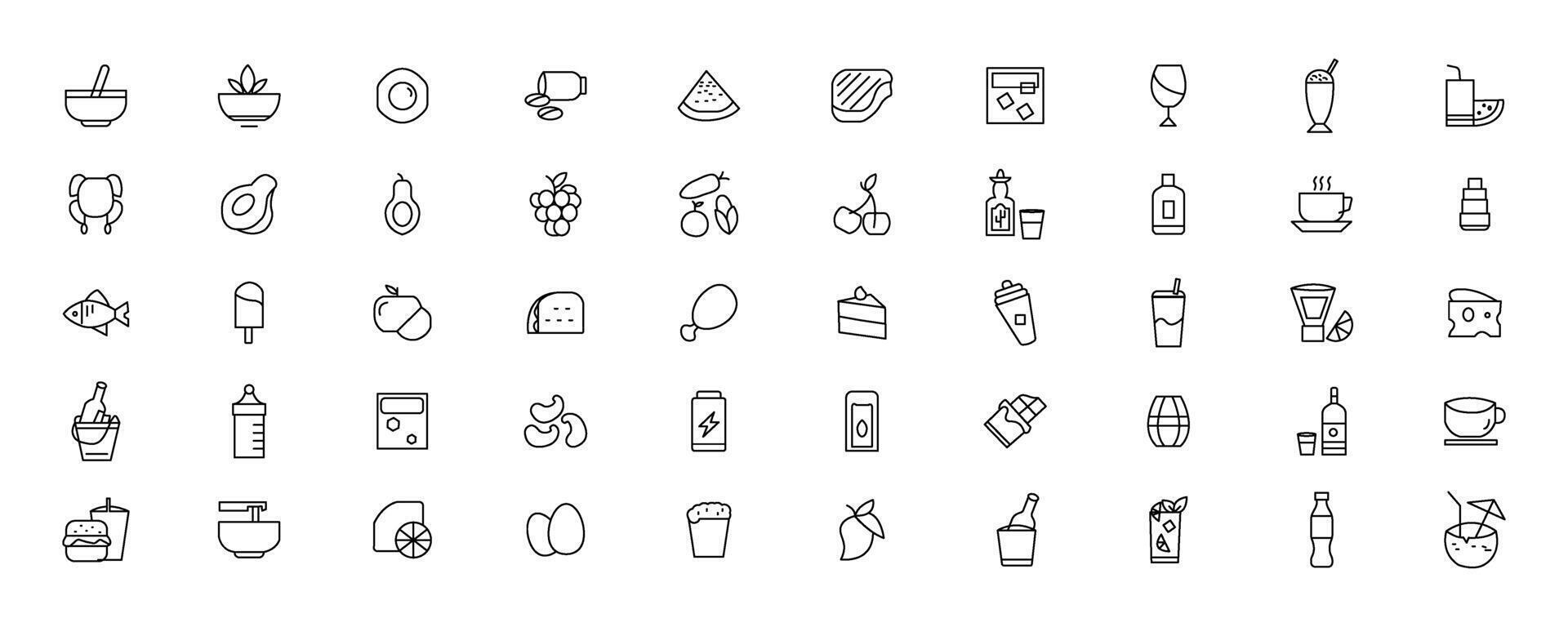 Food and drink icon collection set. Thin outline icons. Meat, milk, noodle, soup, bread, egg, cake, sweets, fruits, vegetables, drinks, nutrition, pizza, fish, sauce, cheese icon vector