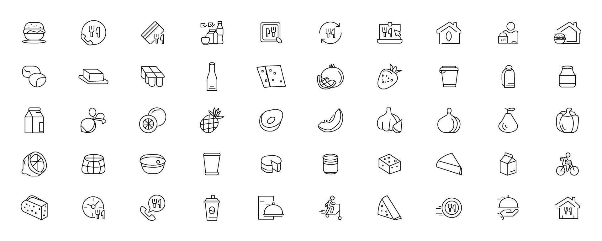 Food and drink icon collection set. Thin outline icons. Meat, milk, noodle, soup, bread, egg, cake, sweets, fruits, vegetables, drinks, nutrition, pizza, fish, sauce, cheese icon vector