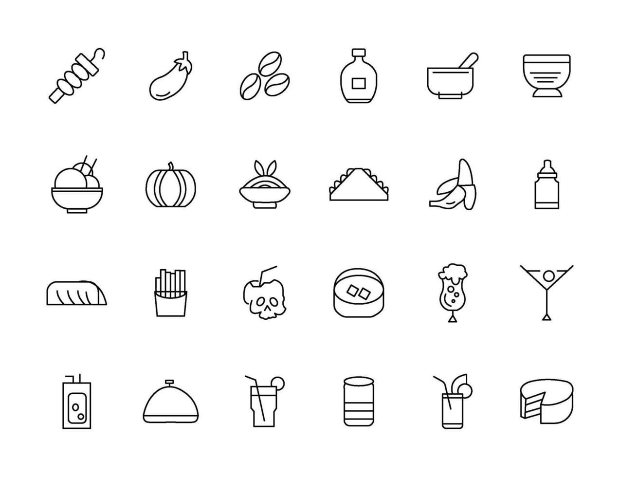 Food and drink icon collection set. Thin outline icons. Meat, milk, noodle, soup, bread, egg, cake, sweets, fruits, vegetables, drinks, nutrition, pizza, fish, sauce, cheese icon vector
