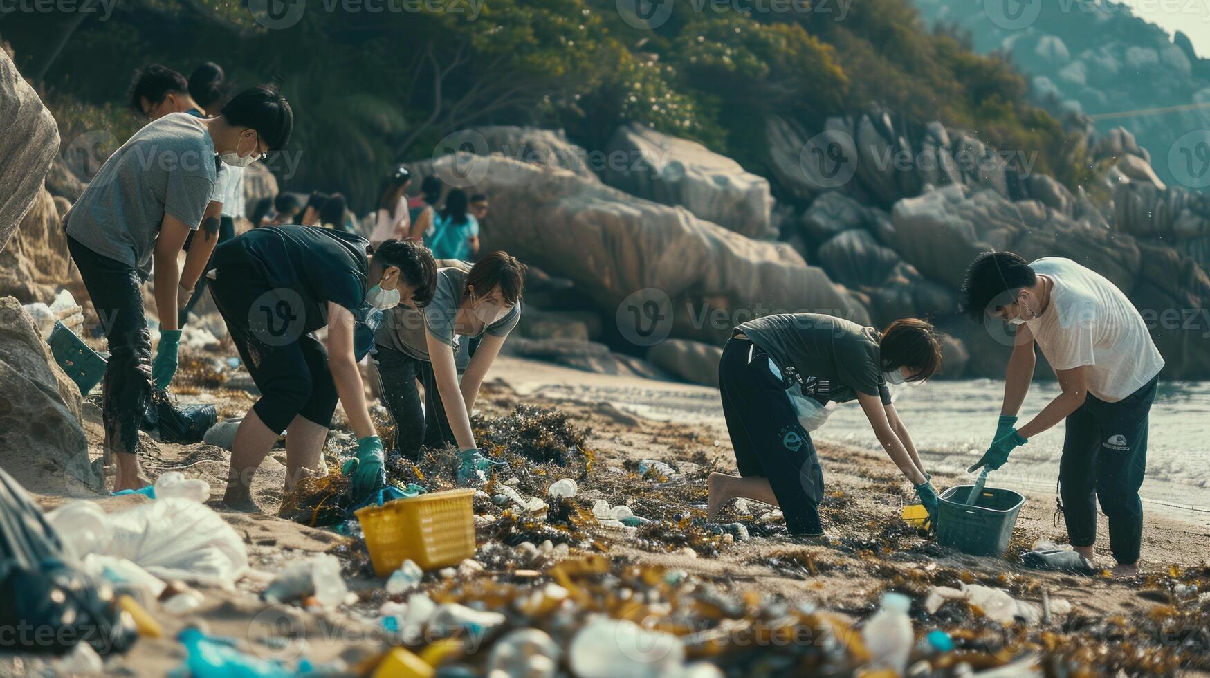 Team working together to clean litter and debris from the beach and sea.Generated image. photo