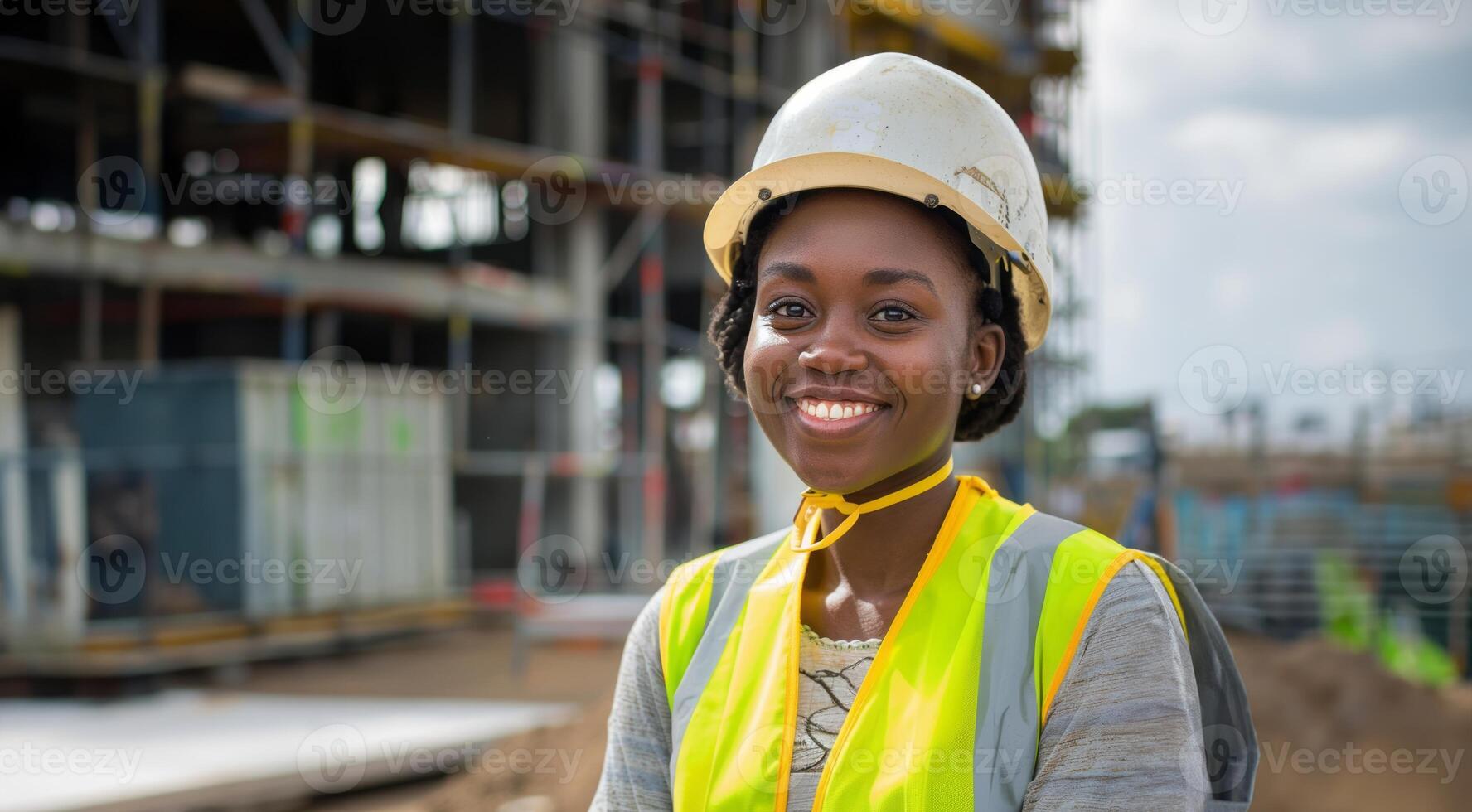 Portrait of an Afro engineer supervising construction work on site.Generated image photo