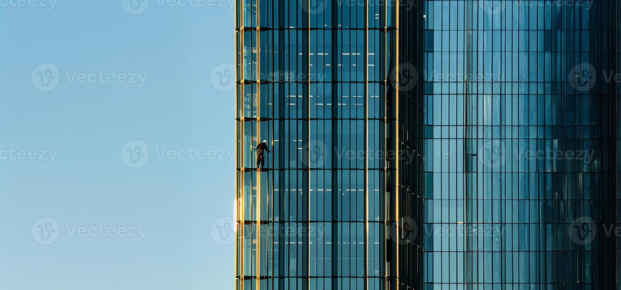 Worker cleaning windows on a high rise building.Generated image photo
