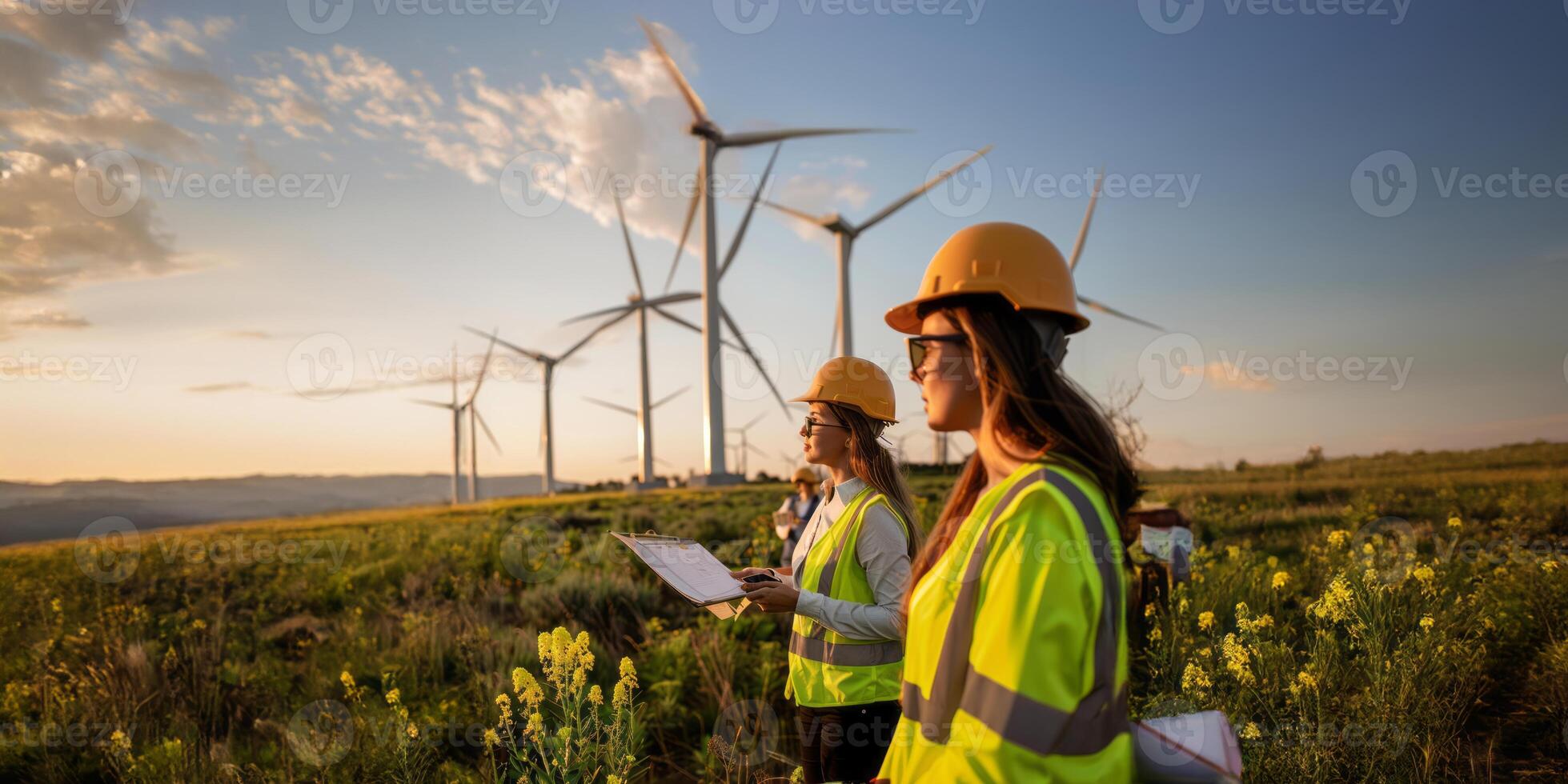 Female engineers using tablets to monitor and manage wind turbine operations on site.Generated image photo