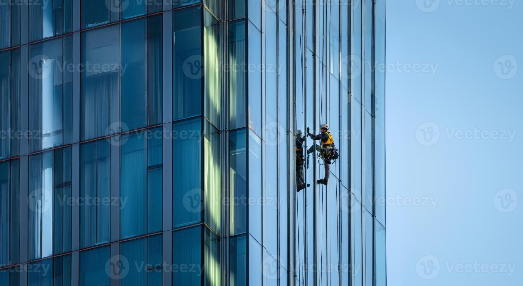 Worker cleaning windows on a high rise building.Generated image photo