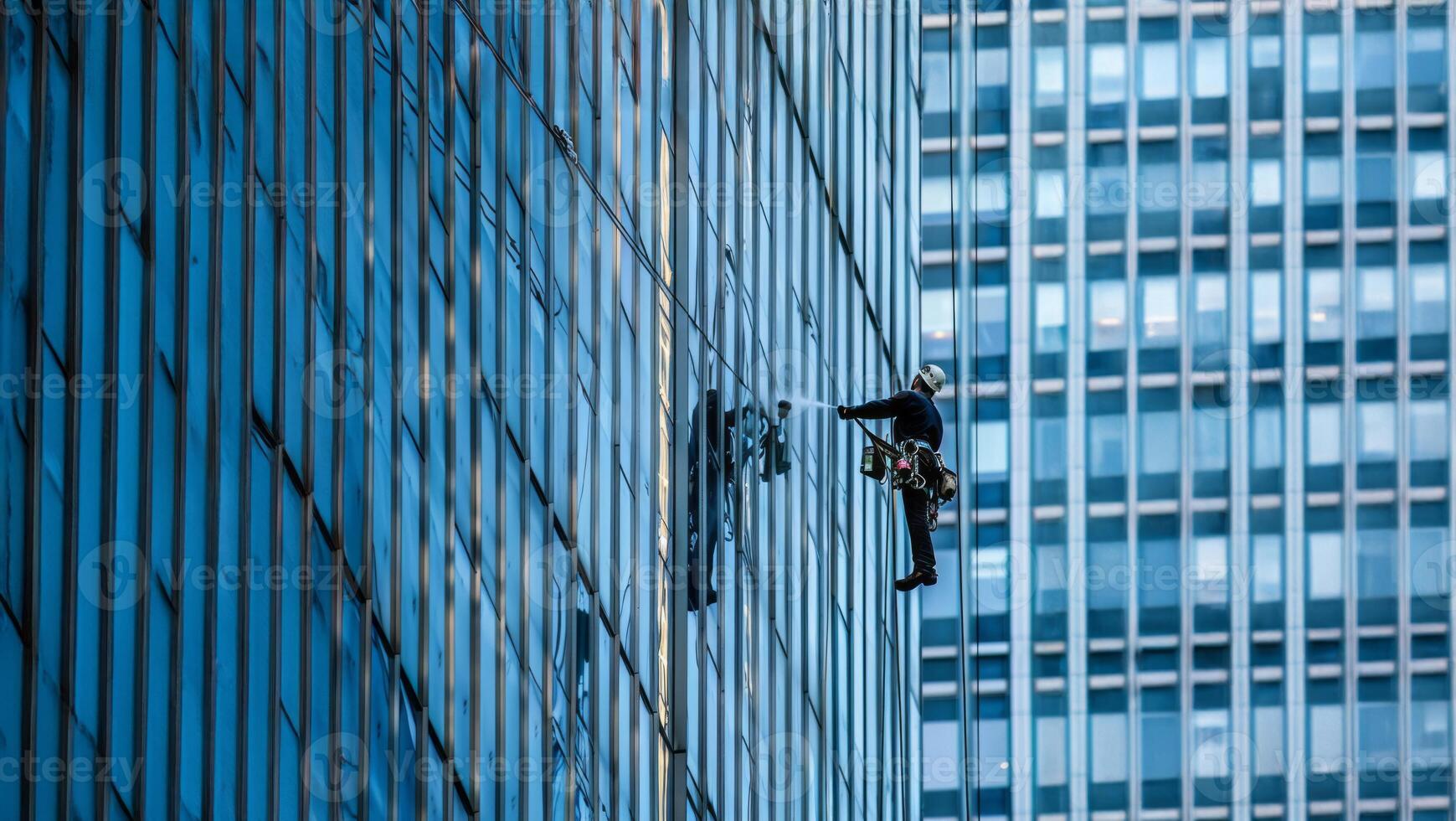 Worker cleaning windows on a high rise building.Generated image photo