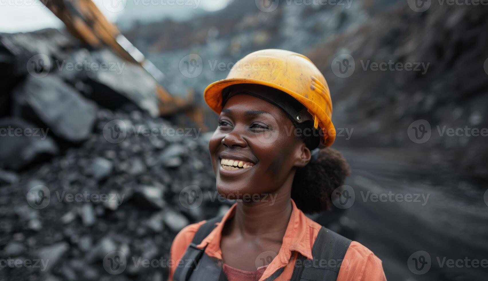 Portrait of an Afro-American female miner at a mining site.Generated image photo