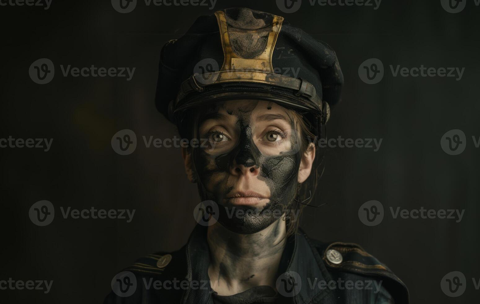 Portrait of a female firefighter with black soot on her face.Generated image photo