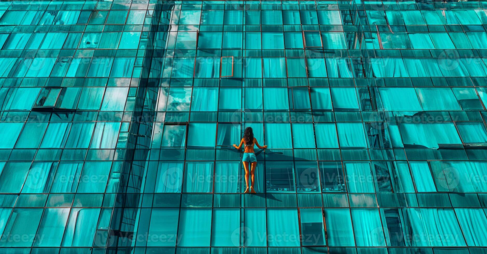 Worker cleaning windows on a high-rise building.Generated image photo