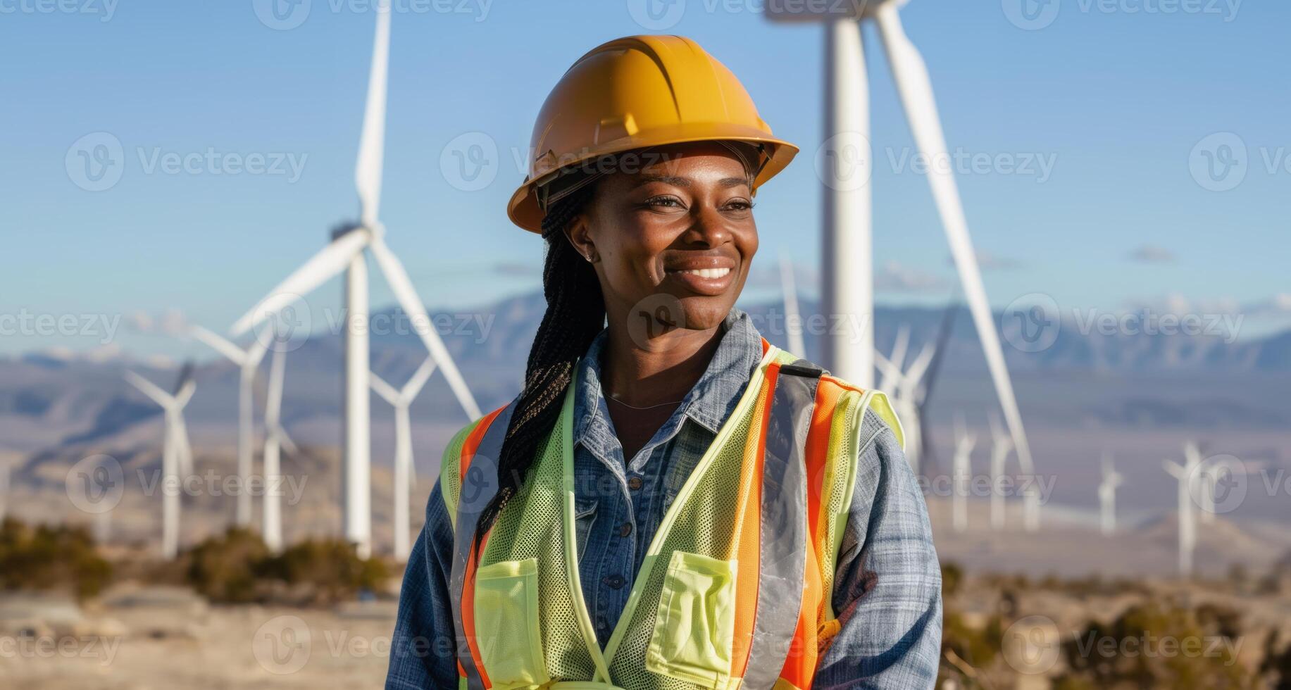 Portrait of an African female engineer in a helmet protective vest and glasses with wind turbines in the background.Generated image photo