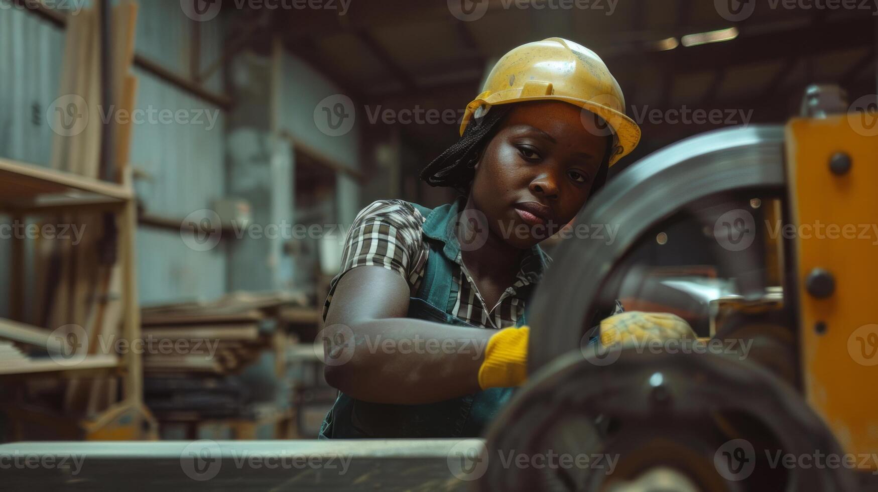 African American woman operating a wood-cutting machine.Generated image photo