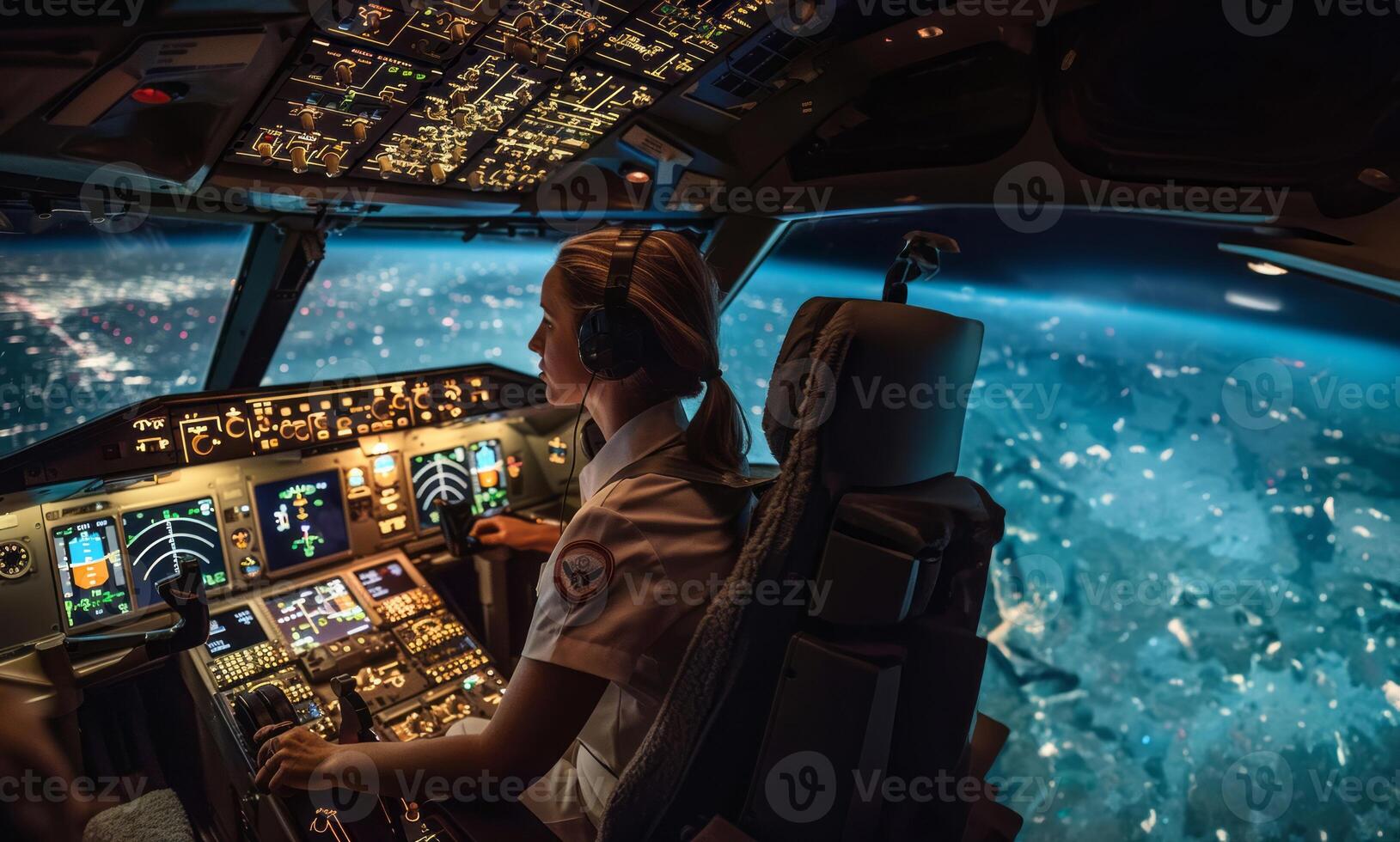 Female pilot operating an airplane from the cockpit.Generated image photo