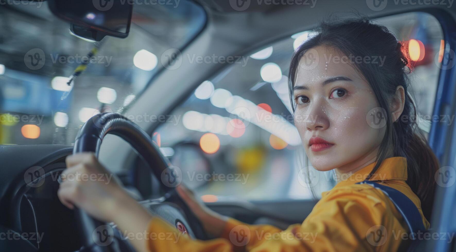 Asian woman mechanic inspecting a car's condition.Generated image photo