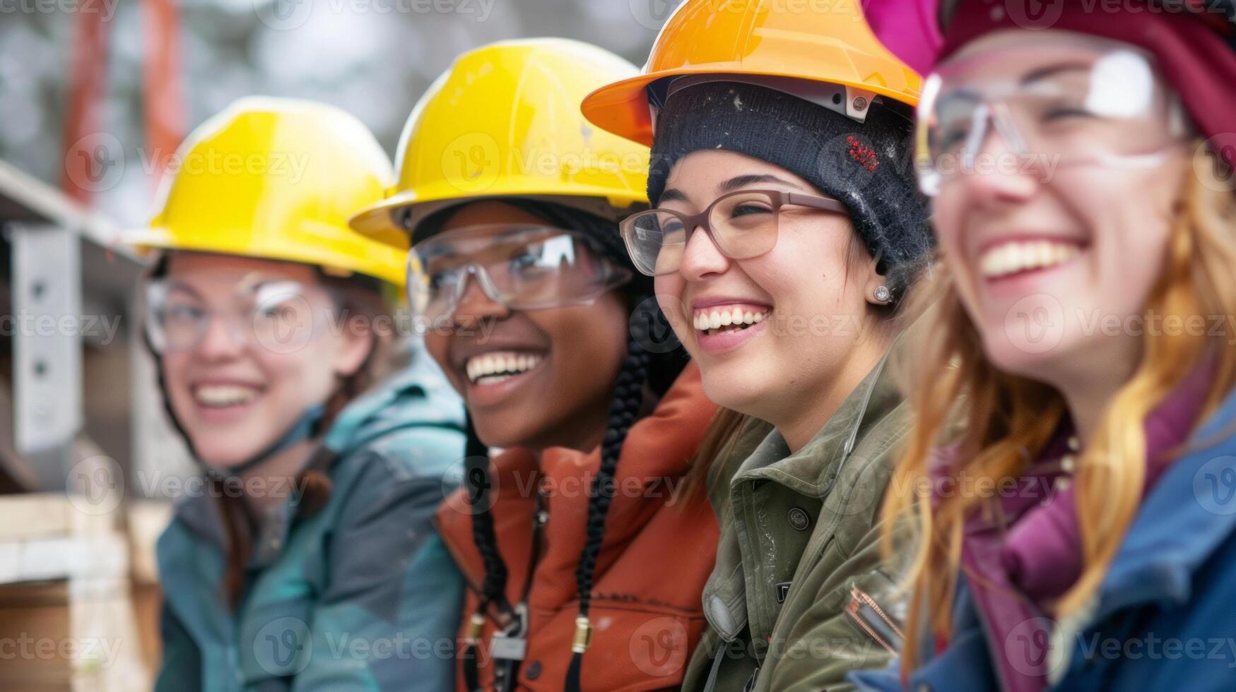 Diverse group of female engineers overseeing construction work on a major project site. photo