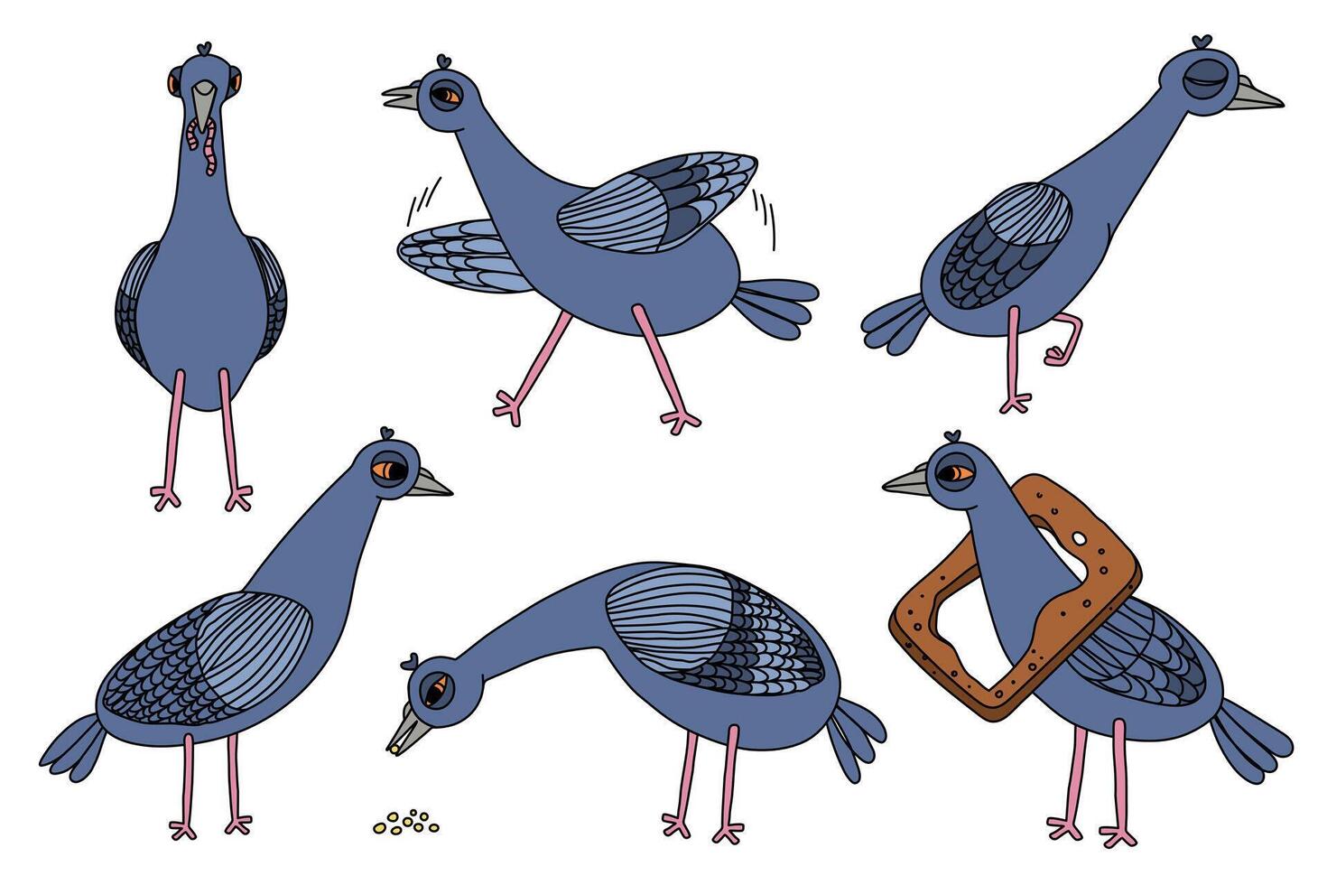 Illustration of a set of funny cartoon pigeons. vector