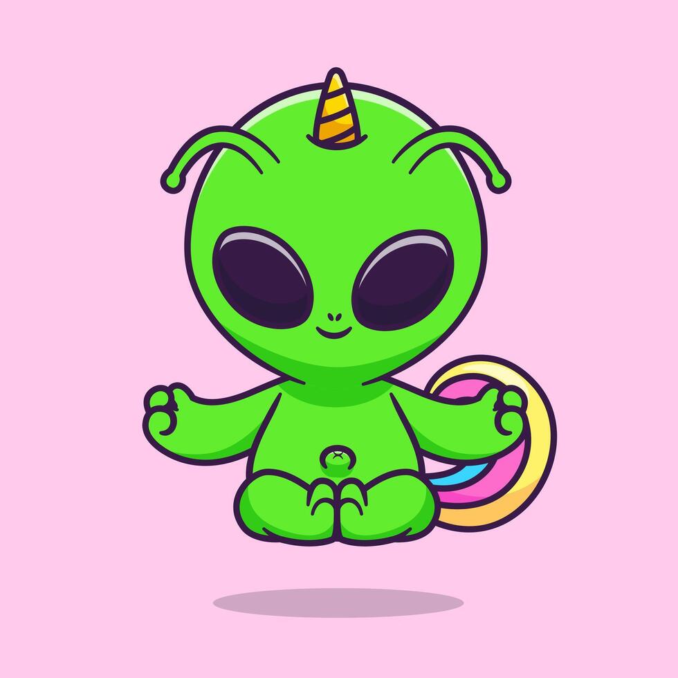 Cute Alien Unicorn Meditating Yoga Cartoon vector