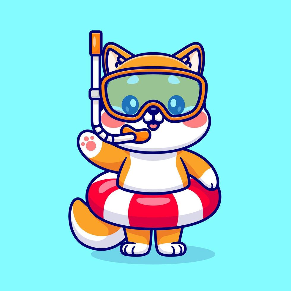 Cute Shiba Inu Dog Snorkeling With Swimming Tires Cartoon vector