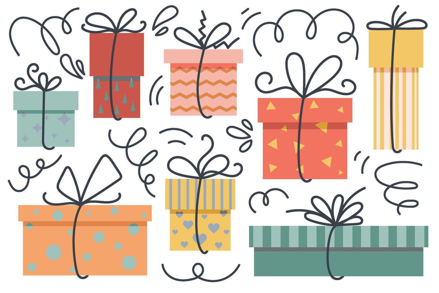 Gift box doodle icons. Hand drawn wrapping presents with ribbon and bow. Birthday party design elements isolated on white background. New year cartoon collection of packages vector