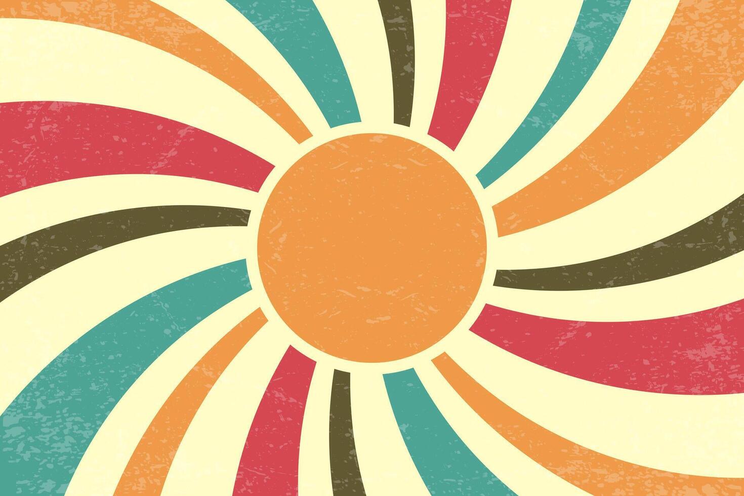 Retro sun background. Summer poster. Abstract vintage radial rays. 70s groovy design with grunge texture. Old style color wallpaper. Festive modern banner vector