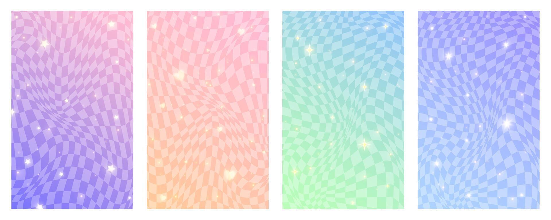 Checkered gradient background with stars. Set of pastel holographic kawaii backdrops. Abstract purple squared wallpapers for design. vector