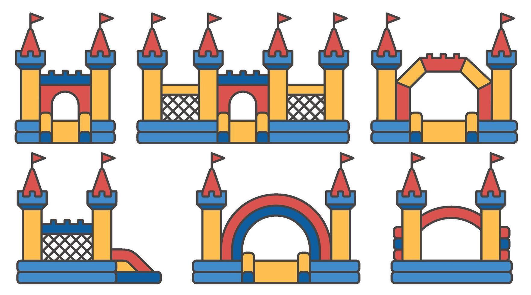 Bouncy castle color icons set. Inflatable house pictograms with slide for air trampoline park and children playground for jumping. Inflated equipment for amusement park and kids zone. vector