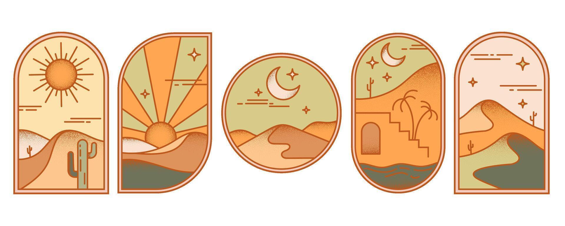 Desert boho logo with sun and mountains. Abstract bohemian illustration with moon cactus and minimal landscape. Arch and windows shapes set. Design elements for poster and decoration vector