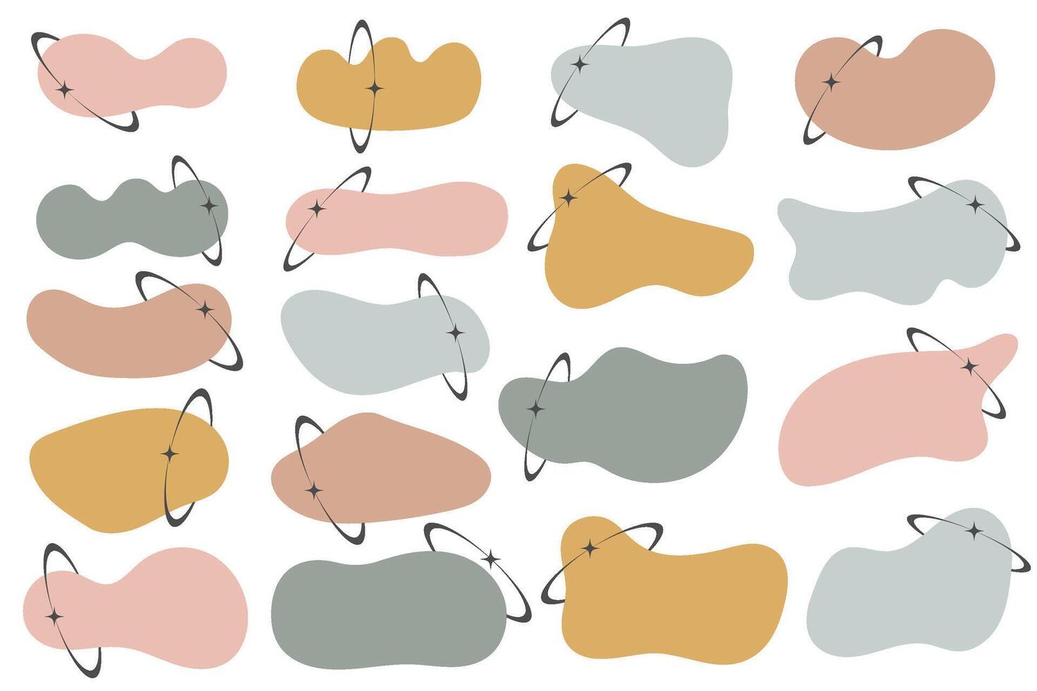 Irregular organic y2k blobs set with orbits. Abstract round liquid forms on white background. Random fluid bubbles and simple amoeba wavy splashes. Green stain blots and curvy asymmetric stains vector