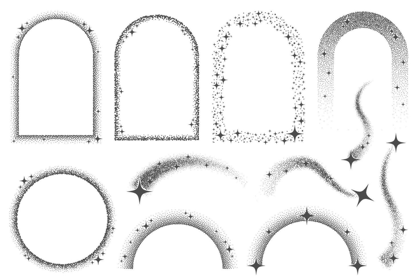 Magic stars elements with sparks and celestial frames. Shapes with glitter. Bohemian mystic graphic with glowing starburst. Decorative abstract arches set. vector