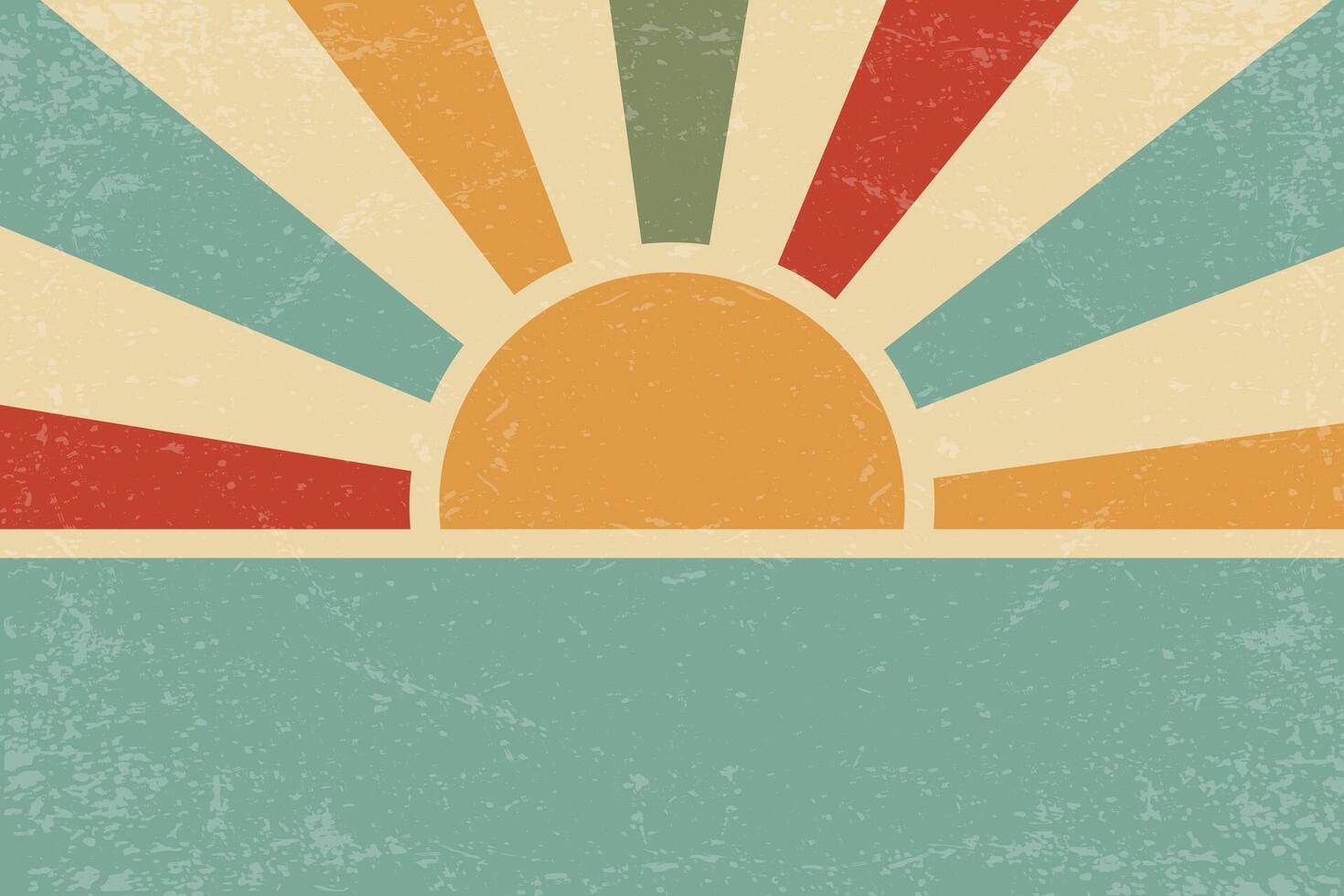 Sunrise retro background. Summer 70s poster with beams and sea. Vintage groovy design with grunge old paper texture for carnival and beach party festive banner vector