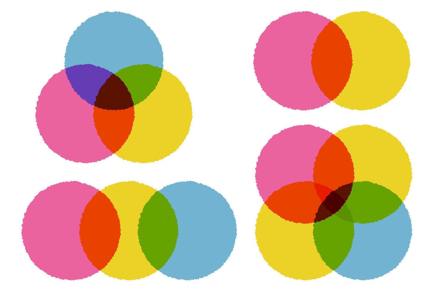 Venn diagrams. Circle intersection for infographic. 2, 3 and four graph template. Graphic design for business. Risograph maths objects. Circular schema and logic process illustration. vector
