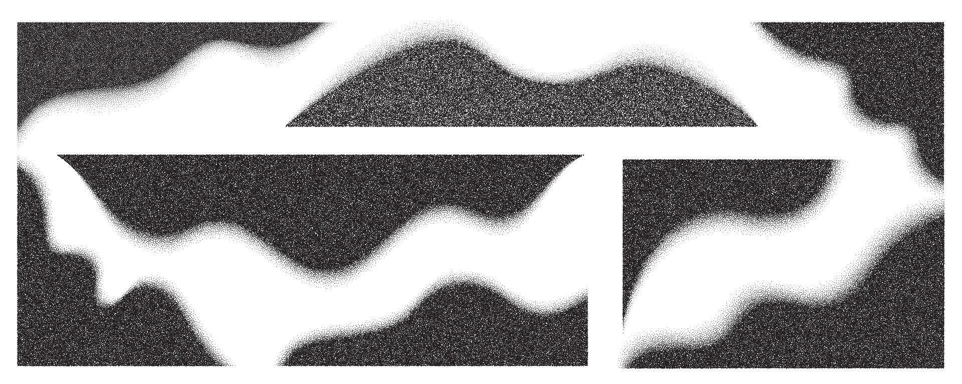 Dotted corners. Noise gradient fade stipple effect. Halftone grunge gradation shadow. Gritty grain borders. Black wavy shapes set vector