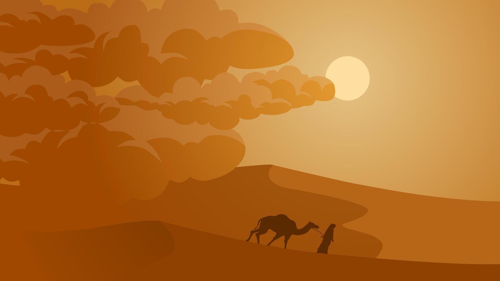 Landscape illustration of muslim hijab and camel in the sandstorm vector