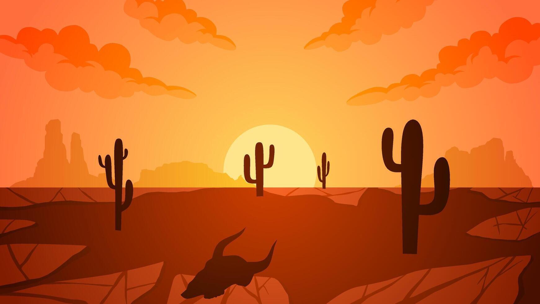 Landscape illustration of barren desert with cactus and skull silhouette vector
