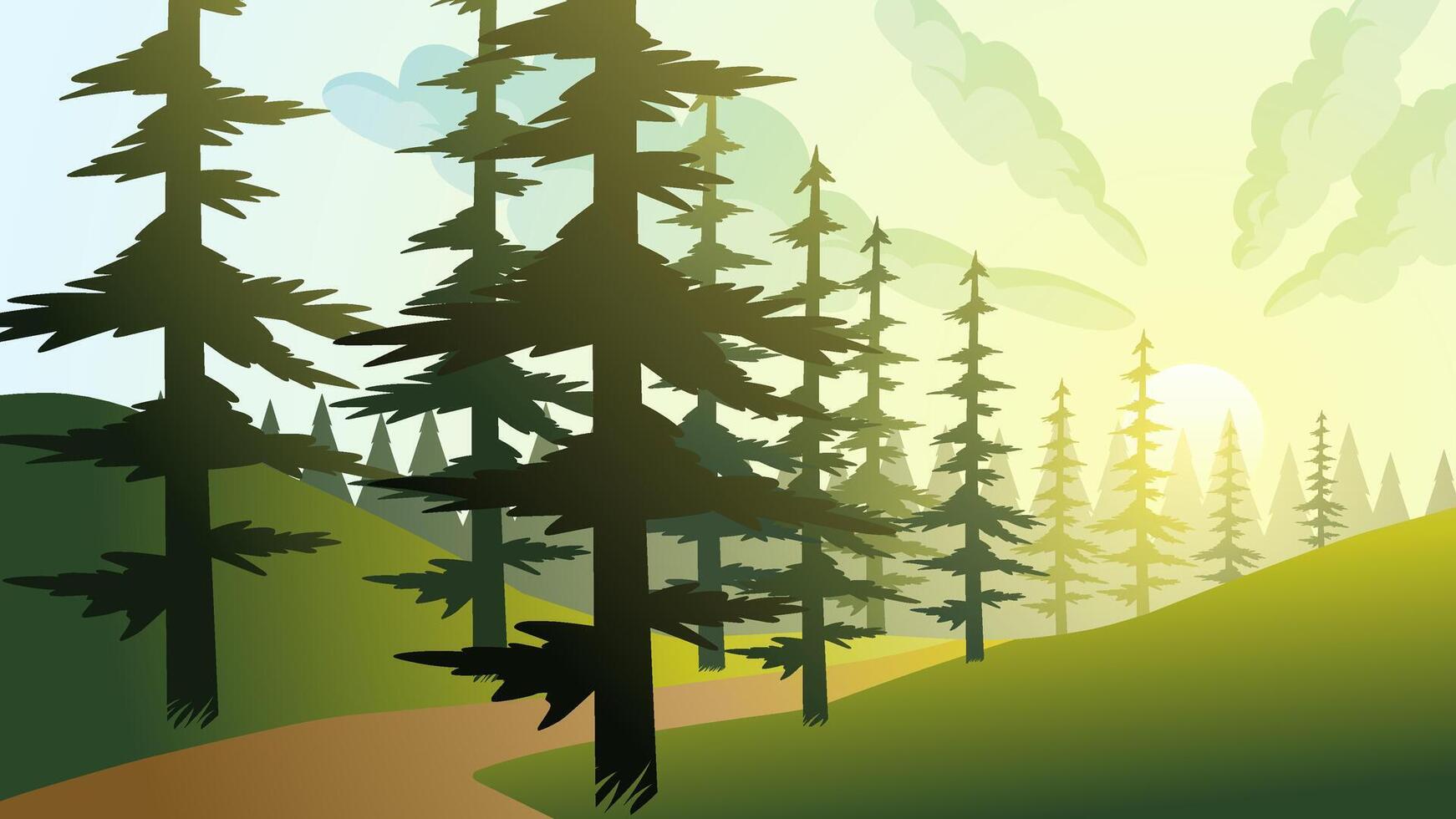 Landscape illustration of pine forest in summer sunrise vector