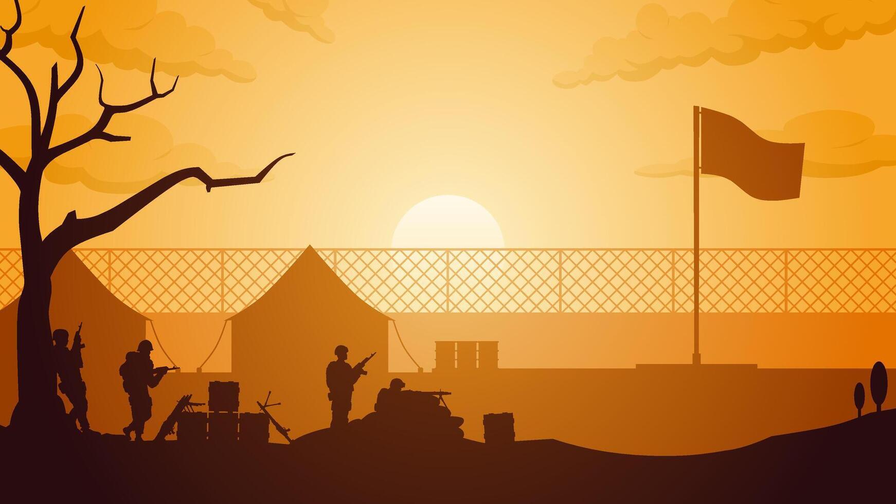 Landscape illustration of soldiers silhouette in training field vector