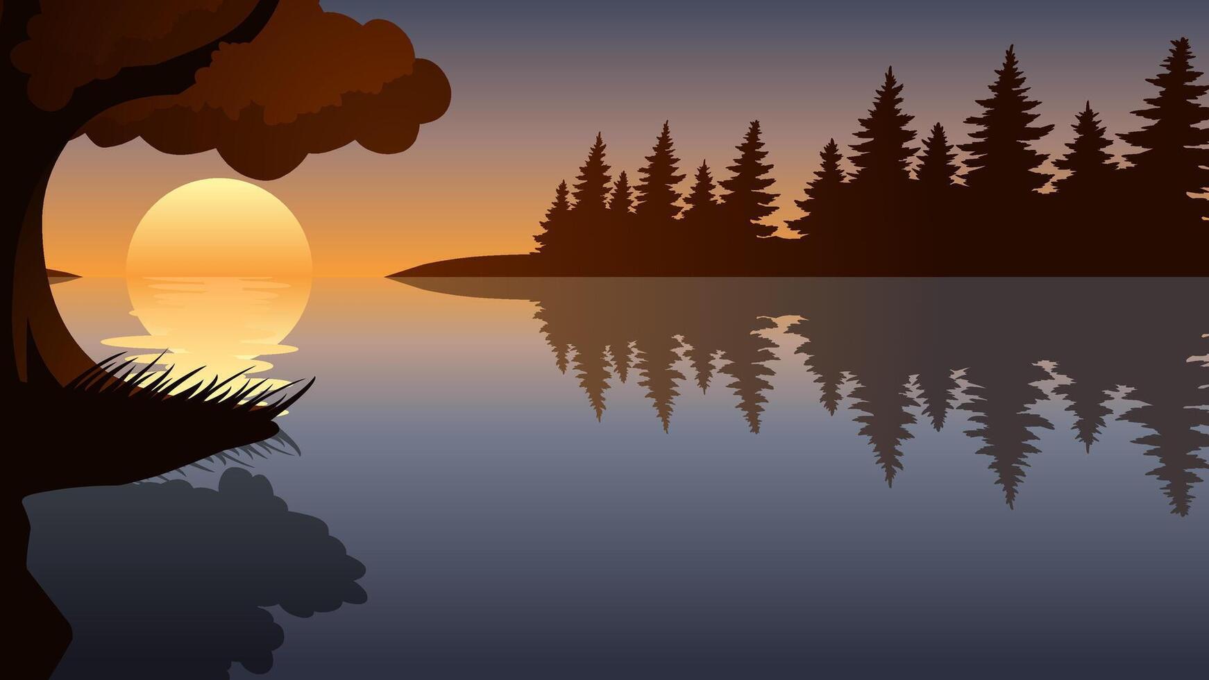 Landscape illustration of lake in summer with reflection vector