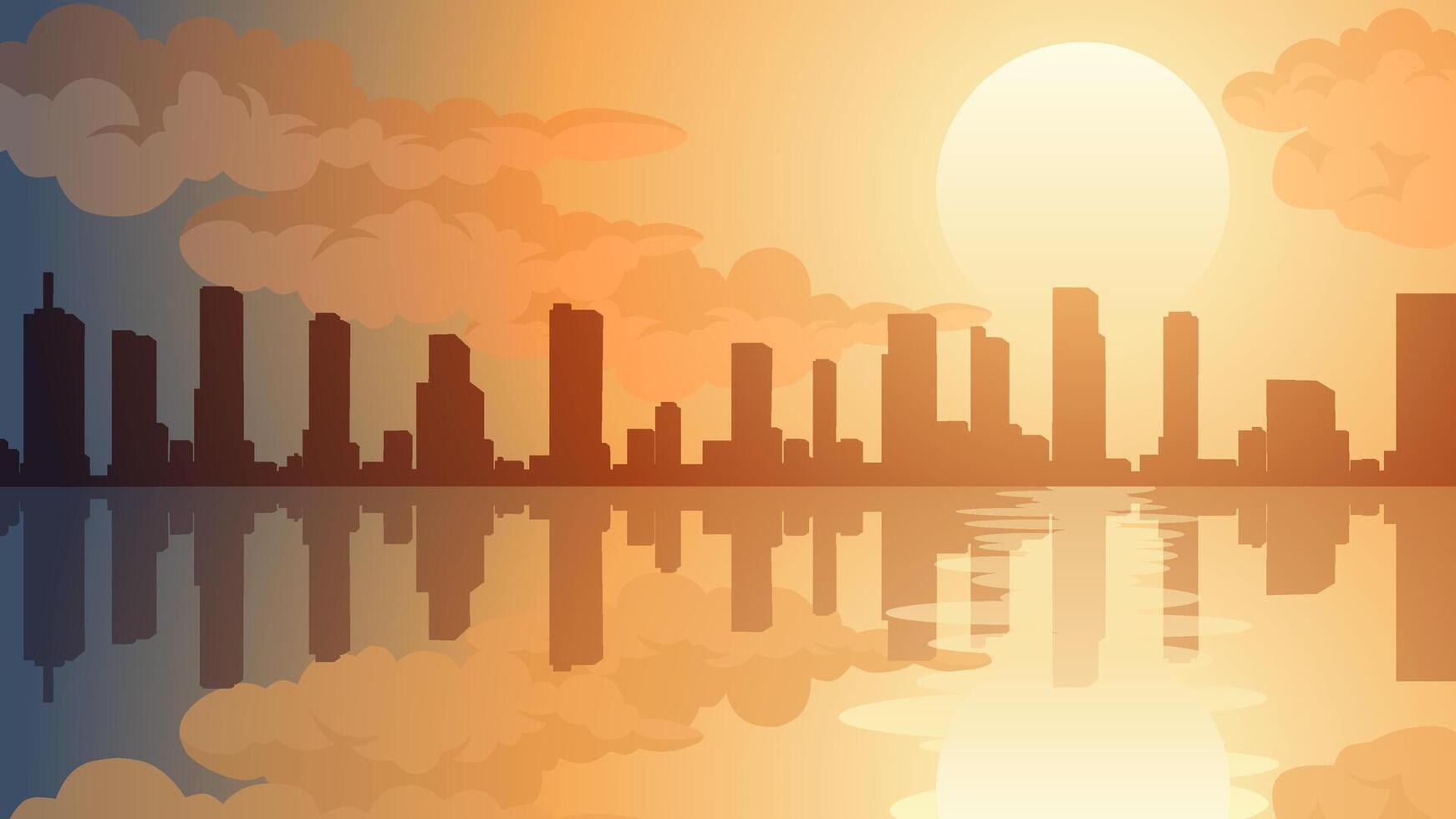 Landscape illustration of city in summer with sea reflection vector