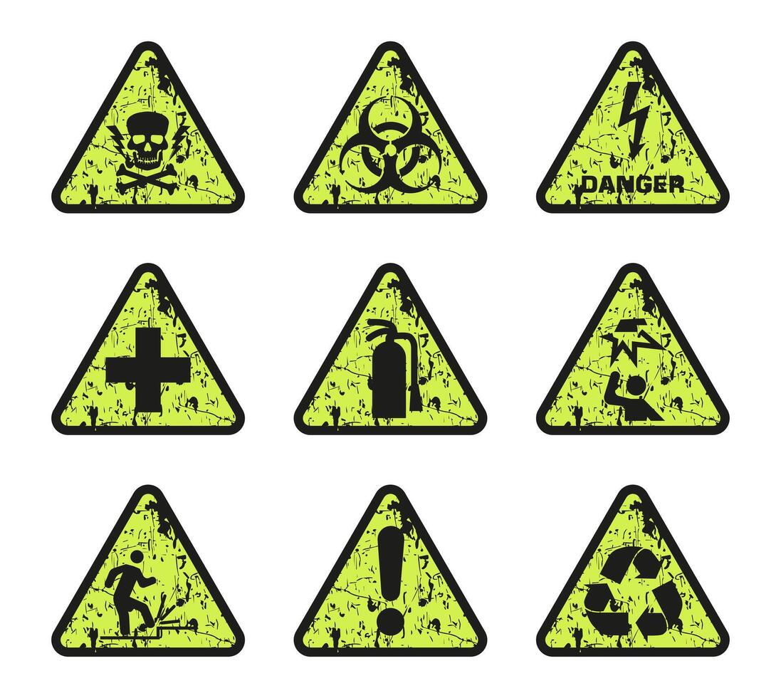 Warning sign icon. Set of aged triangular bright yellow warning signs. vector