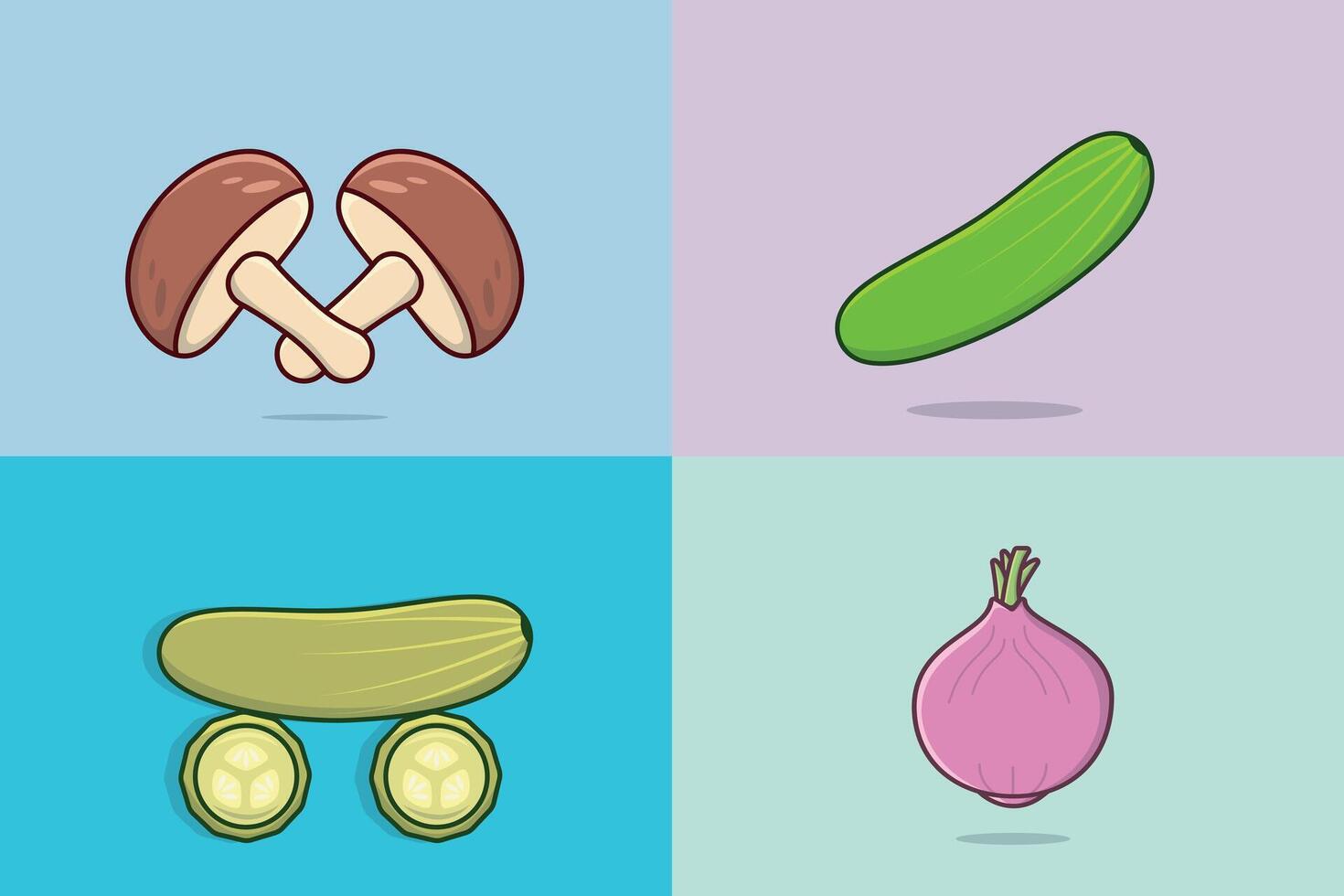 Collection of mushrooms with onion and Green Cucumber vegetable illustration. vector