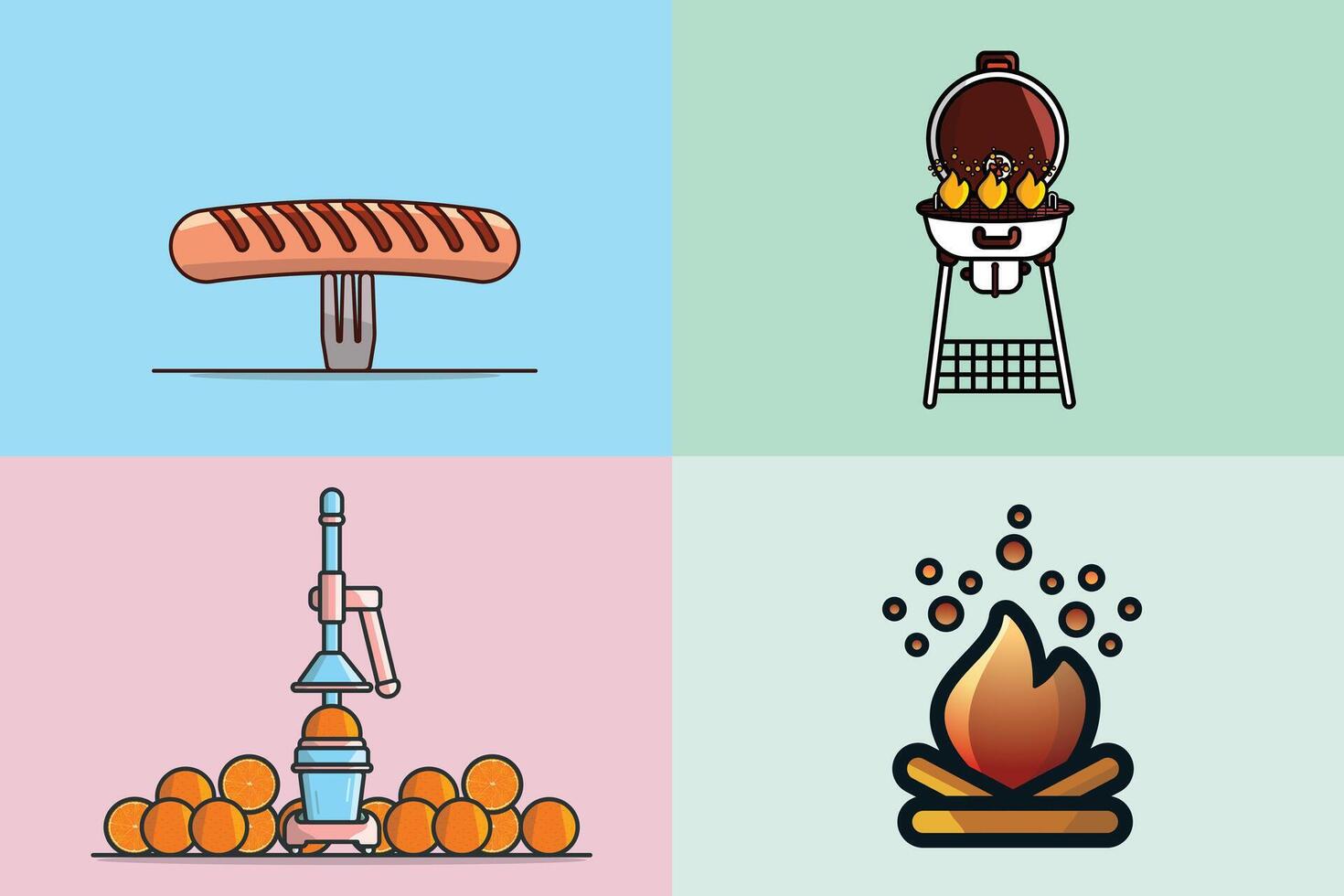 Collection of BBQ drill with burning fire and Manual Juice Squeezer with Oranges illustration. vector