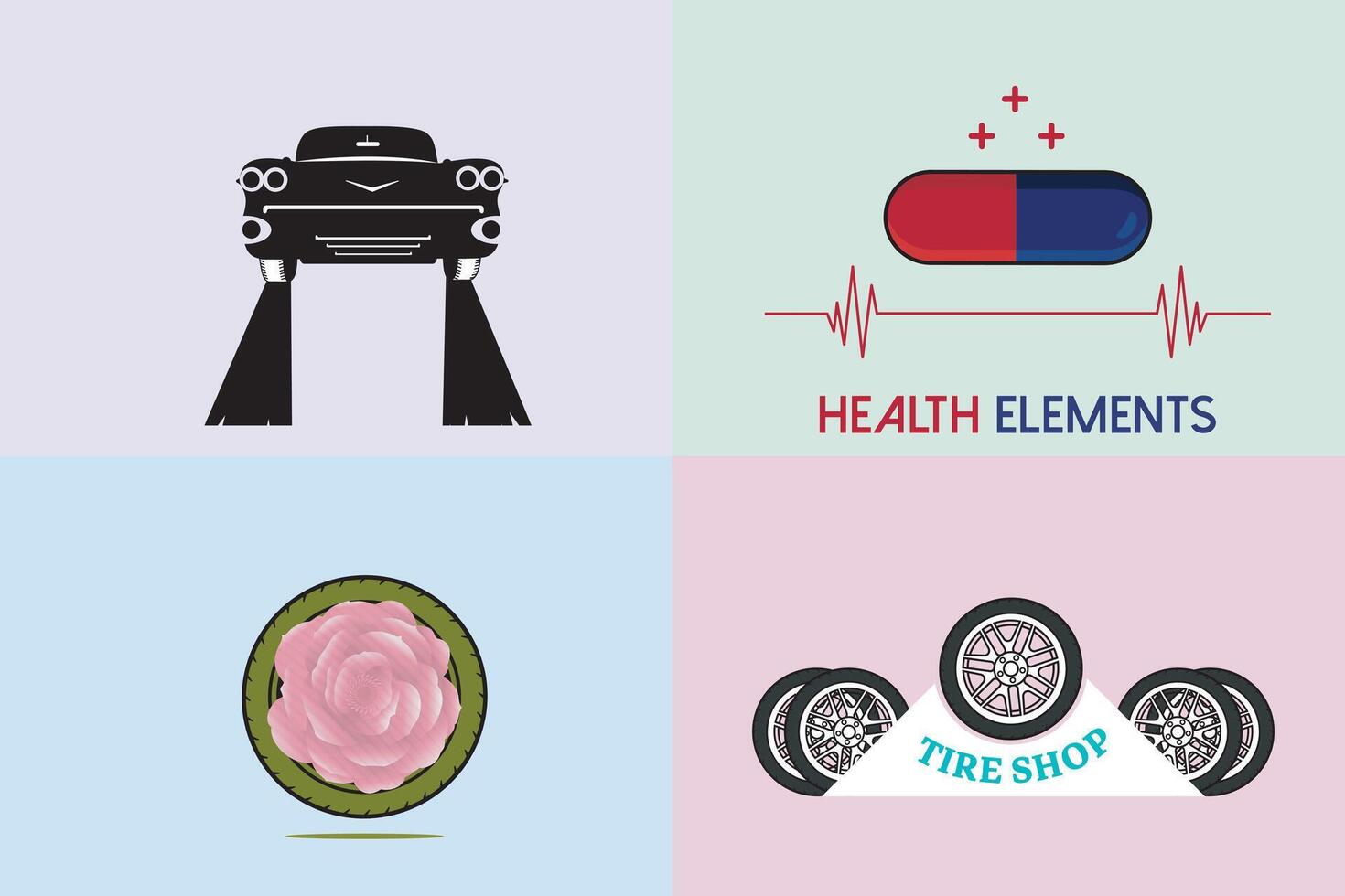 Collection of Cars with Capsule, flower, and Tyres illustration design. vector