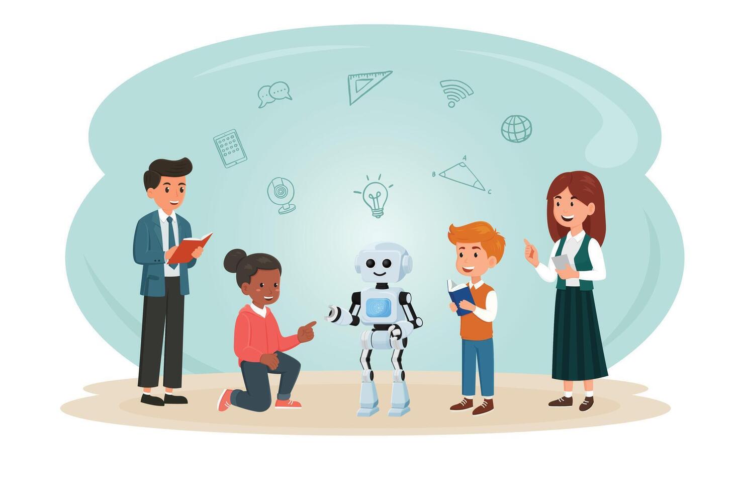 Students are learning about artificial intelligence robots. vector