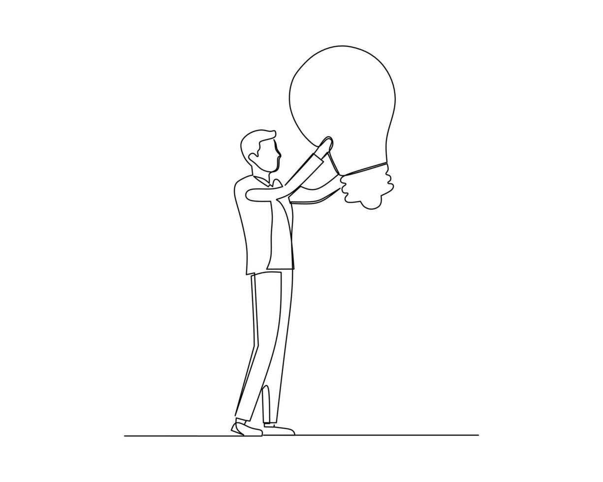 Continuous single one drawing the businessman was looking deeply into the lamp he was holding. Business growth strategy concept design illustration vector