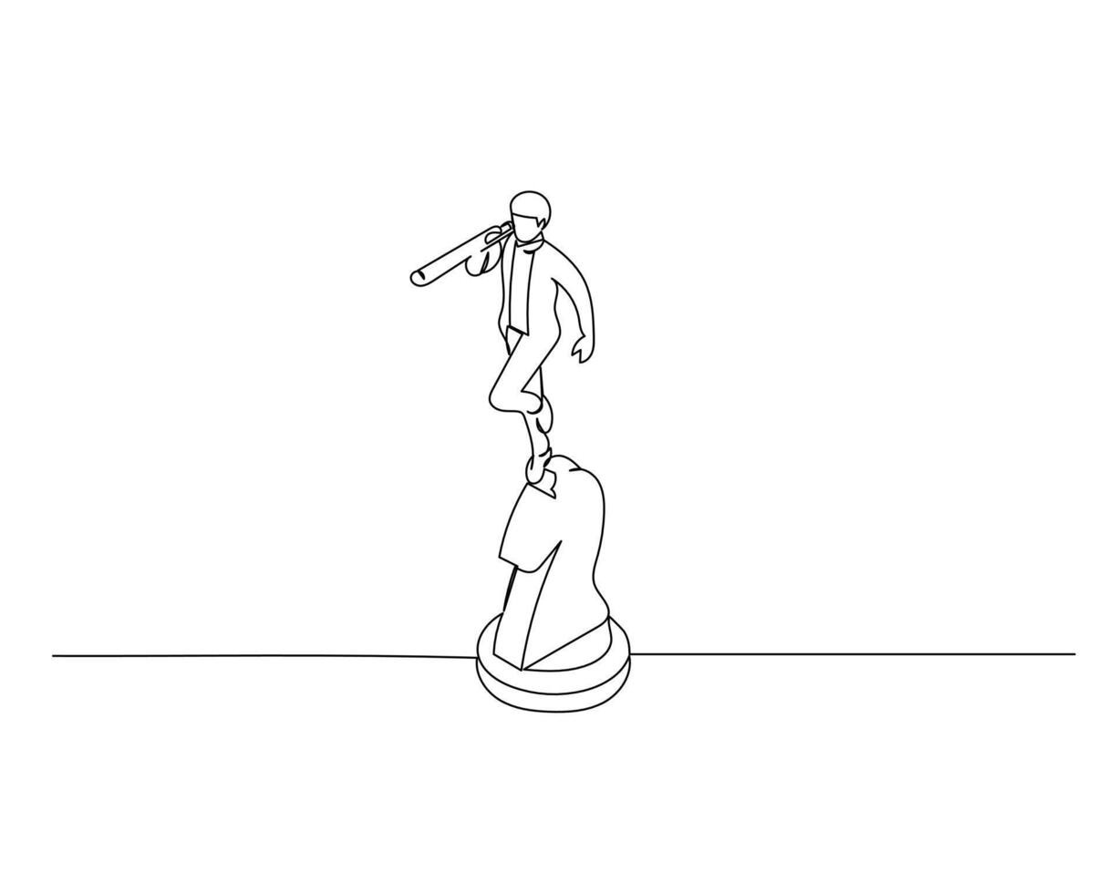 Continuous single one businessman looking through a telescope on a chess horse. Business growth strategy concept. Design illustration vector