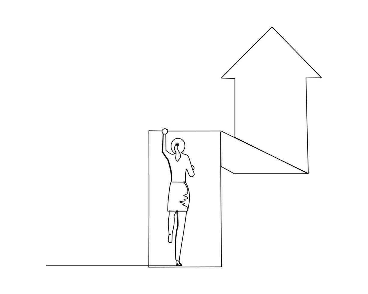 Continuous single one line a career woman who is on the rise. . Business growth concept. Design illustration vector