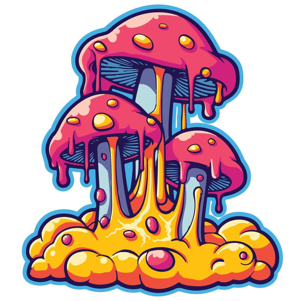Acid psychedelic of three mushrooms with slime and clouds. Sticker of magic and trippy fluorescent fungi melting. vector