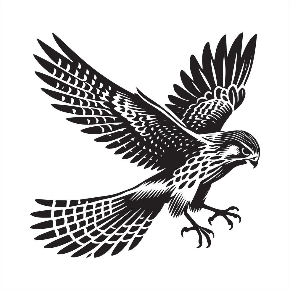 Old World kestrel Outline - European kestrel silhouette - A Common Kestrel in flight illustration in black and white vector