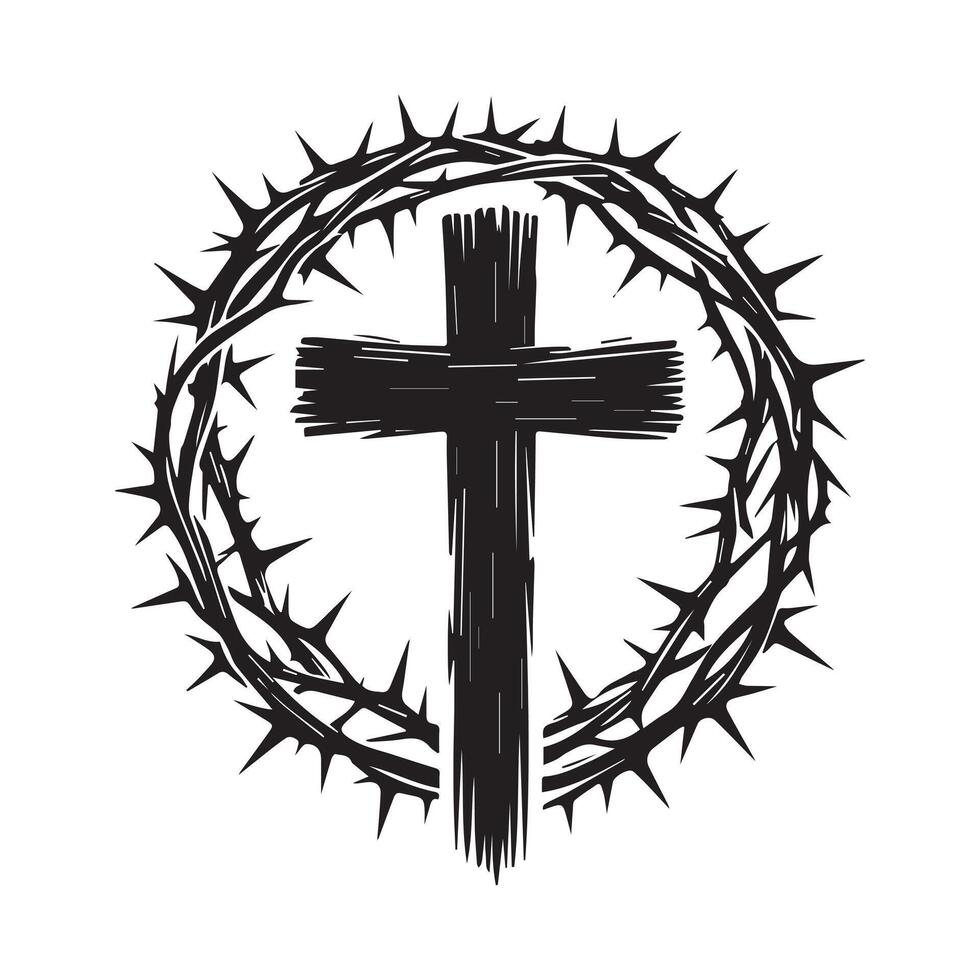 Christian Clipart Logo - Cross with Thorns illustration in black and white vector