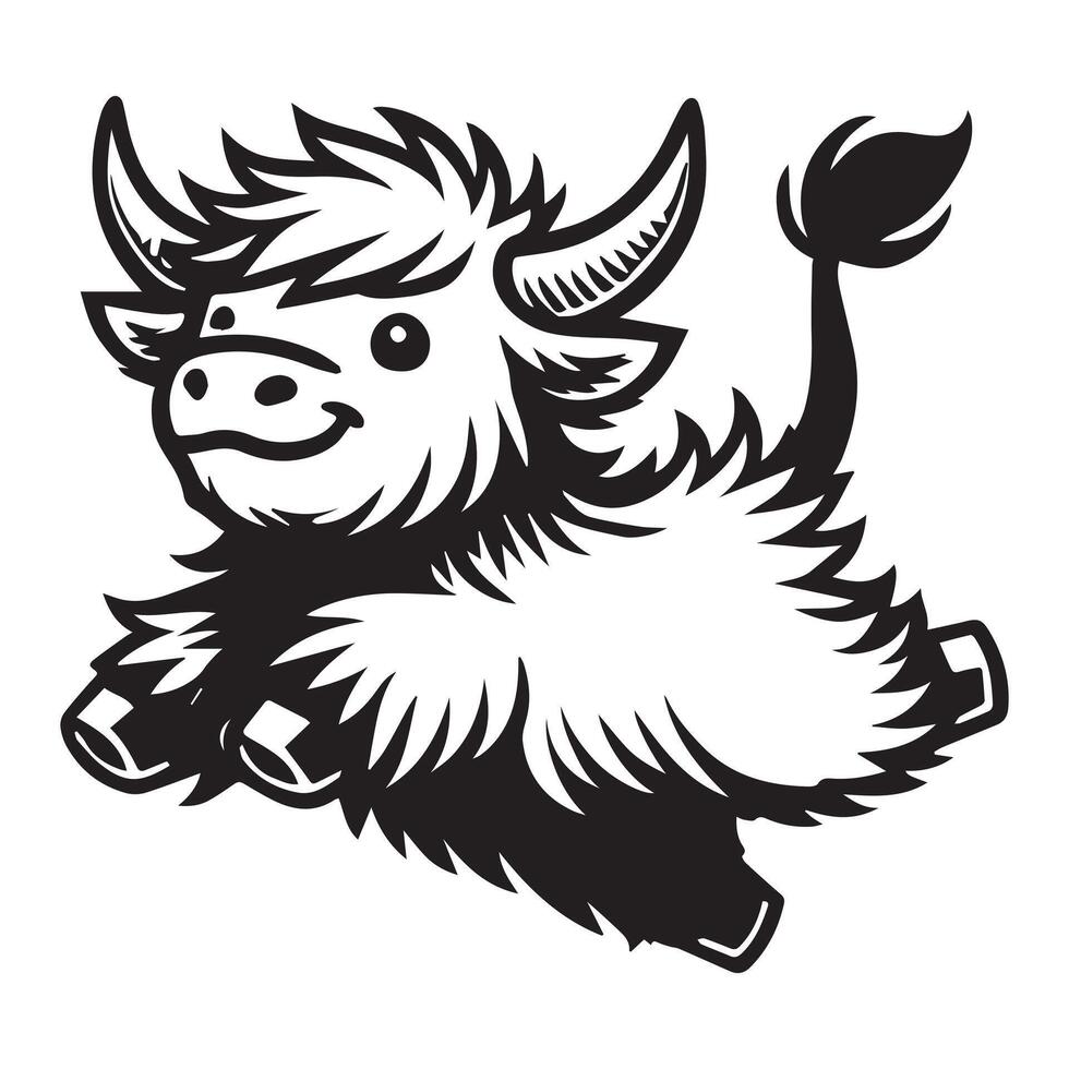 Highland cattle Silhouette - Highland Cow Clipart - A Playful Jump highland cow Illustration in black and white vector