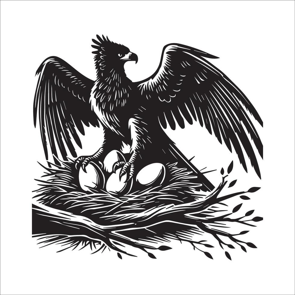Harpy Eagle Bird Logo - A Harpy Eagle sitting on a nest illustration in black and white vector