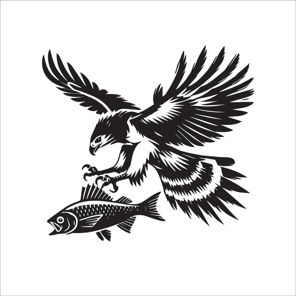 Harpy Eagle Bird Logo - A Harpy Eagle flying with a fish illustration in black and white vector